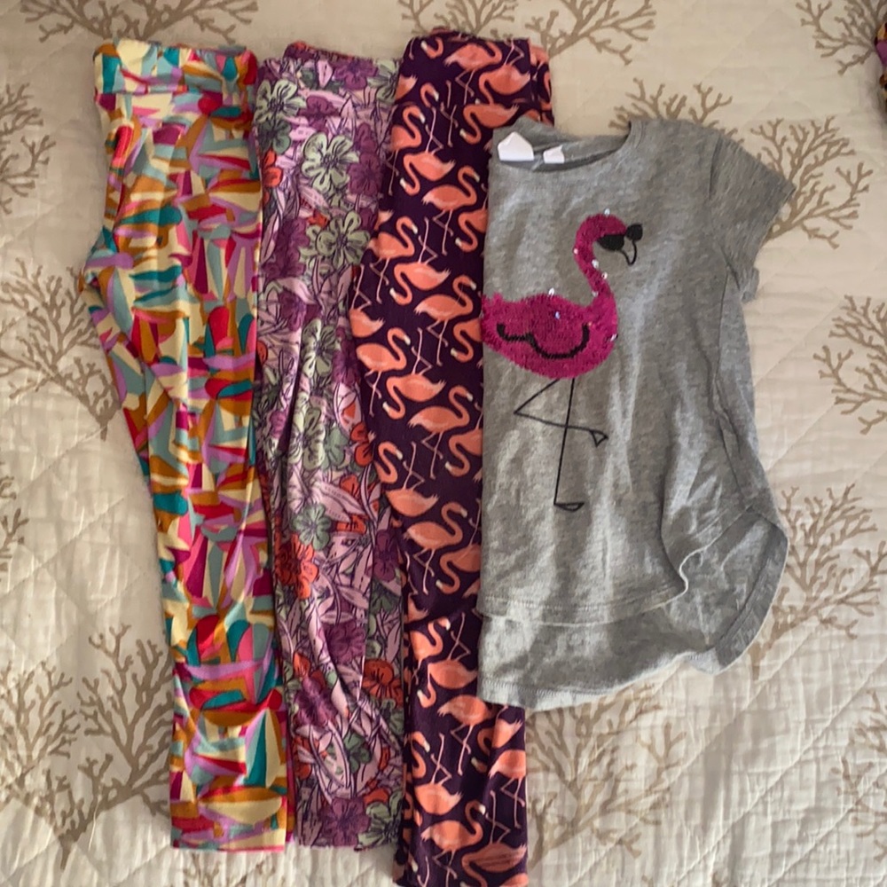 Lot of LuLaRoe s/m girls leggings and xs gap flamingo flip sequin shirt